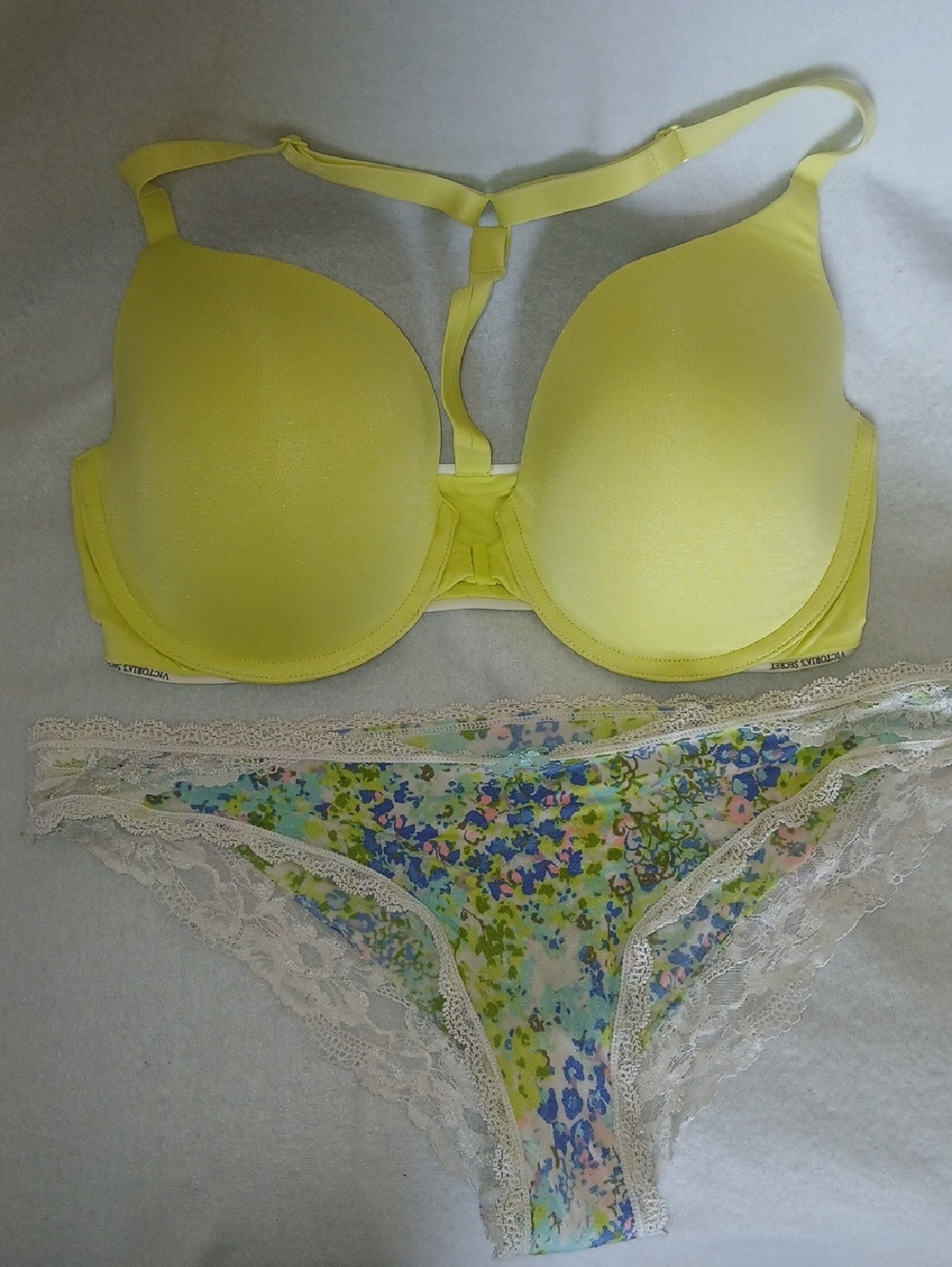 Yellow T-Back Padded Bra with Floral Lace Bikini L Set